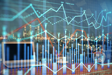Poster - Double exposure of forex chart and work space with computer. Concept of international online trading.