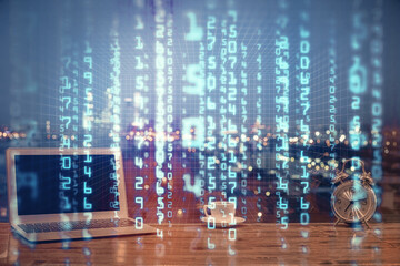 Poster - Multi exposure of computer on background and technology theme drawing. Concept of innovation.