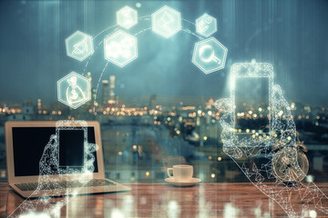 Aufkleber - Computer on desktop in office with technology theme hologram. Multi exposure. Tech concept.