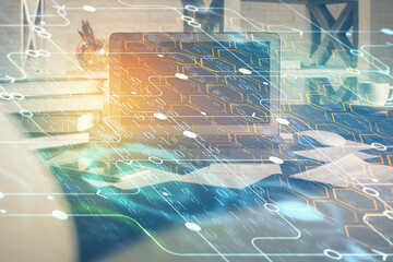 Aufkleber - Technology theme drawing and work space with computer. Double exposure. Concept of innovation.