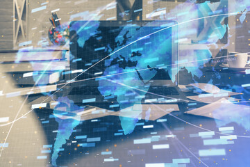 Poster - Technology theme drawing and work space with computer. Double exposure. Concept of innovation.