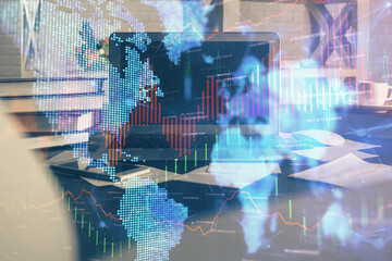 Poster - Double exposure of forex chart and work space with computer. Concept of international online trading.
