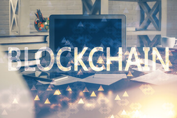 Poster - Multi exposure of blockchain theme hologram and table with computer background. Concept of bitcoin crypto currency.