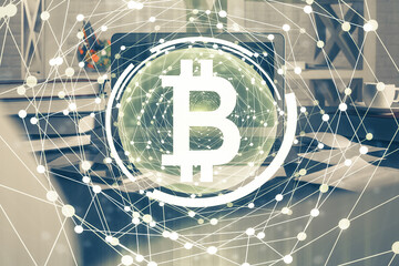Poster - Multi exposure of blockchain theme hologram and table with computer background. Concept of bitcoin crypto currency.