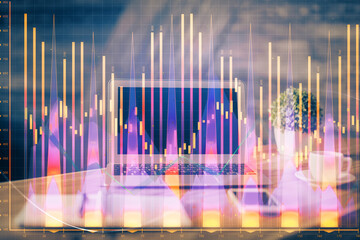 Poster - Double exposure of chart and financial info and work space with computer background. Concept of international online trading.