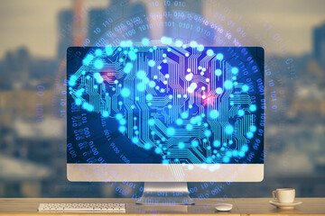 Aufkleber - Double exposure of table with computer and brain hologram. Data innovation concept.