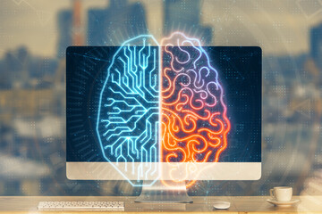Aufkleber - Double exposure of table with computer and brain hologram. Data innovation concept.