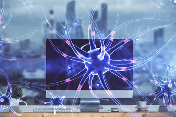 Aufkleber - Desktop computer background and neuron drawing. Double exposure. Education concept.