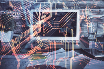 Aufkleber - Computer on desktop in office with technology theme hologram. Multi exposure. Tech concept.