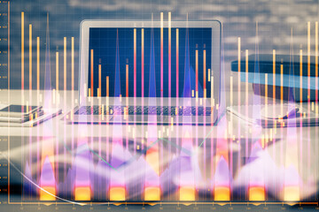 Poster - Double exposure of forex chart and work space with computer. Concept of international online trading.