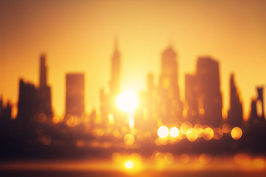 blur city background of blurry sunrise or happy golden hour sunset evening with heatwave, sunmmer su
