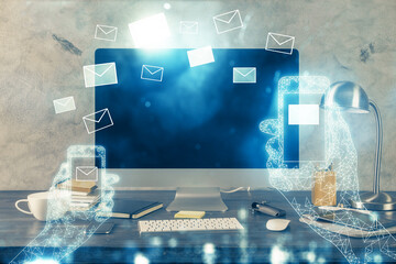 Poster - Desktop computer background in office and flying envelops hologram drawing. Multi exposure. Electronic mail concept.