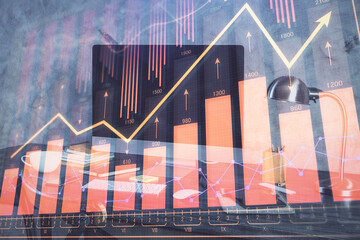 Poster - Double exposure of forex chart and work space with computer. Concept of international online trading.