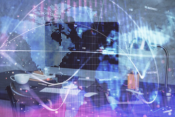 Aufkleber - Multi exposure of business theme icons and table with computer background. Concept of success.