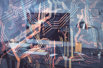 Aufkleber - Computer on desktop in office with technology theme hologram. Multi exposure. Tech concept.