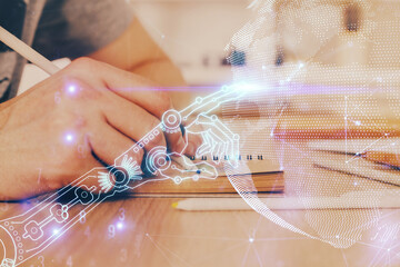 Aufkleber - Close up of human hands background and abstract innovative technologies for industries. Multi exposure.