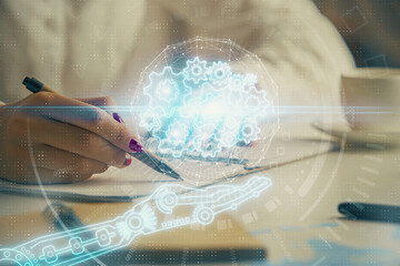 Aufkleber - Multi exposure of woman's writing hand on background with data technology hologram. Concept of innovation.