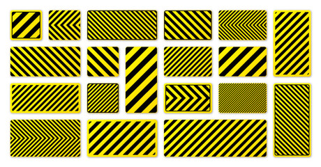 Various black and yellow warning signs with diagonal lines. Attention, danger or caution sign, construction site signage. Realistic notice signboard, warning banner, road shield. Vector illustration