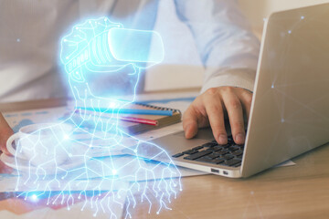 Poster - AR hologram with man working on computer on background. Augmented reality concept. Double exposure.