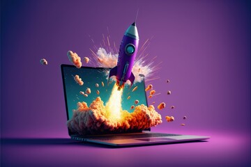 Wall Mural - rocket taking off from laptop screen on purple background, startup concept, generative ai