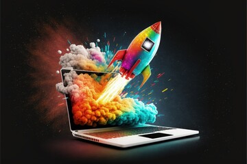 Rocket taking off from laptop releasing colorful smoke, startup concept, Generative AI