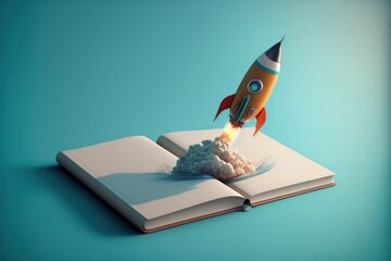 Wall Mural - Rocket taking off from notebook, blue background, startup creation concept, Generative AI
