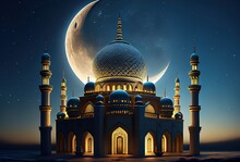 Beautiful Mosque At Night With A Moon, Generative Ai