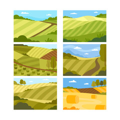 Wall Mural - Country View with Sown Field and Pasture Land as Green Landscape Vector Set