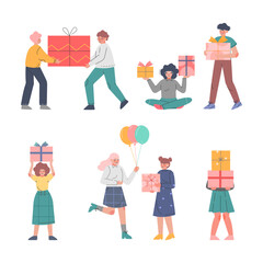 Poster - Teenage Boys and Girls Giving Wrapped Gift Boxes and Present Vector Set