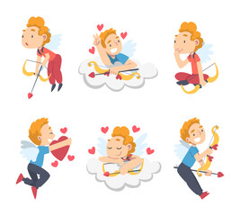 Poster - Funny Cupid Boy as Adorable Joyful Kid Angel Cherub with Bow and Arrow Vector Set