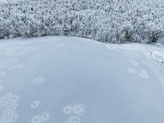 Poster - aerial view of frozen lake in winter after snow with forest