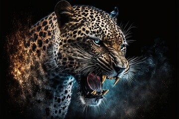 Wall Mural - Sngry wild leopard Bare teeth on black isolated 
background illustration generatiev ai