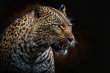 Wall Mural - Sngry wild leopard Bare teeth on black isolated 
background illustration generatiev ai