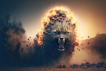 Wall Mural - Angry wild Leopard in city with Explosion on the background illustration generative ai