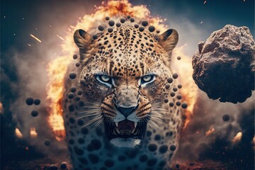 Wall Mural - Angry wild Leopard in city with Explosion on the background illustration generative ai