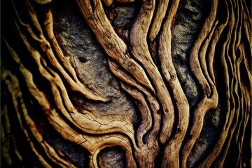 Poster -  a close up of a tree trunk with a rock background and a small bird perched on the branch of the tree trunk, with a blurred background of the tree trunk.  generative ai