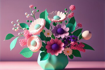 Wall Mural - Spring floral bouquet using a unique arrangement of flowers and foliage to create a natural look with spring hues and tones. Studio setting clean backdrop. Generative AI