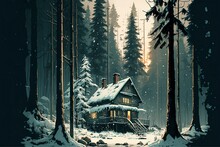 A Snowy Forest With A Cabin
