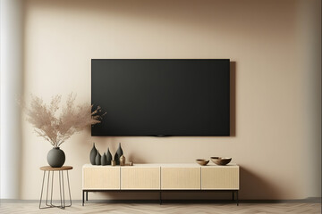 Smart TV on the cream color wall in living room,minimal design.