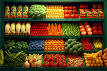 Fresh Organic Vegetables And Fruits On Shelf In Supermarket, Farmers Market. Healthy Food Market Concept. Vitamins And Minerals In Vegetables And Fruits. Fresh Vegetables Tomatoes, Capsicum, Cucumbers