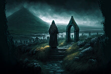 Irish Landscape, Old Banshee Woman At Cemetery, Dark, Moody. Generative AI