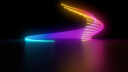 Fototapete - Sci Fy neon glowing wave lines in a dark hall. Reflections on the floor. 3d rendering image. Abstract glowing lines. Techology futuristic background.