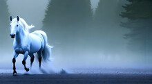 Realistic Mesmerizing Illustration Of Galloping Beautiful White Stallion In Fog With Blue Gray Undertone, Created With Generative AI Technology