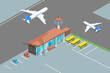 © TarikVision - 3D Isometric Flat Vector Conceptual Illustration of Airport Terminal , Jet Transport