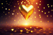 Beautiful illuminated golden heart, surrounded by heart shaped bokeh, warm light, concept of valentines, love, generosity