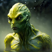 An Amphibious Alien, Humanoid, Underwater Alien, Photorealistic, Scifi Character, Super Realistic, Extremely Detailed, Green And Glowing Skin.