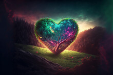 An Illustration Of A Heart Time Portal Leading To A Glimpse Of An Aurora Borealis In An Enchanted Wood - Generative Ai