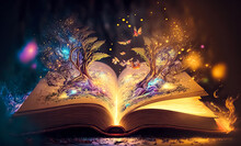 Open Magic Book With Growing Lights, Magic Powder, Butterflies. Magic Book Of Elves In The Fairy Forest. Digital Art, Generative Ai	