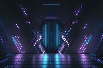 Wall Mural - Sci-Fi Abstract Blue And Purple Neon Light Futuristic on Black Background. Generative AI