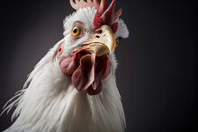 Close-up Portrait Of A White Rooster On A Black Background With Copy Space - Generative AI